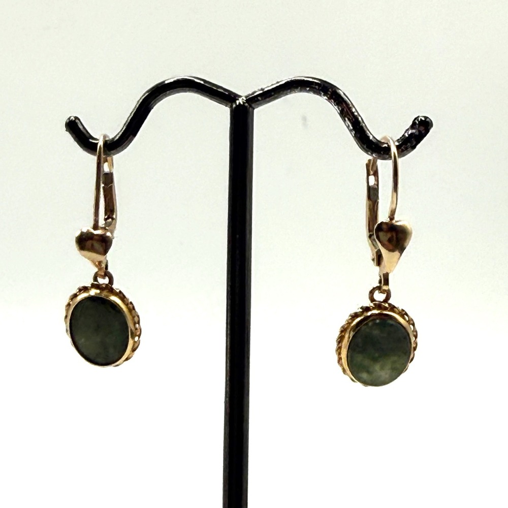 Vintage Green Jade Oval Cabochon Leverback Drop Earrings Gold Tone Heart Detail